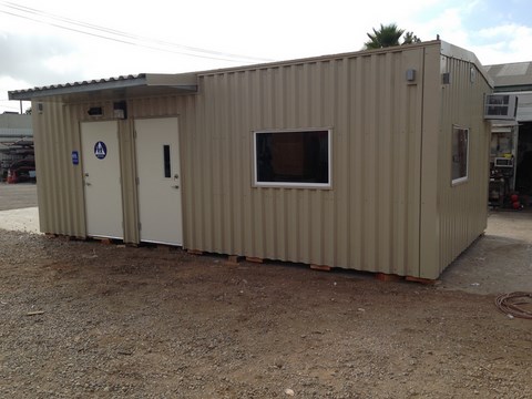 prefab modular office with unisex restroom. ADA compliant. Code conforming modular building